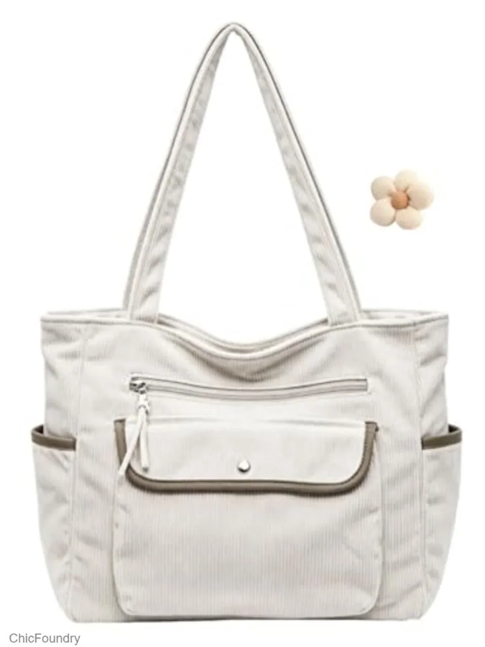 Soft Corduroy Tote Bag with Multiple Pockets for Work Travel